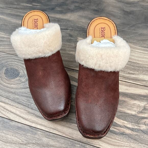 Born Hope 8M Shearling-Lined Open Back Heeled Distressed Leather Clogs Dark Red - Picture 3 of 12